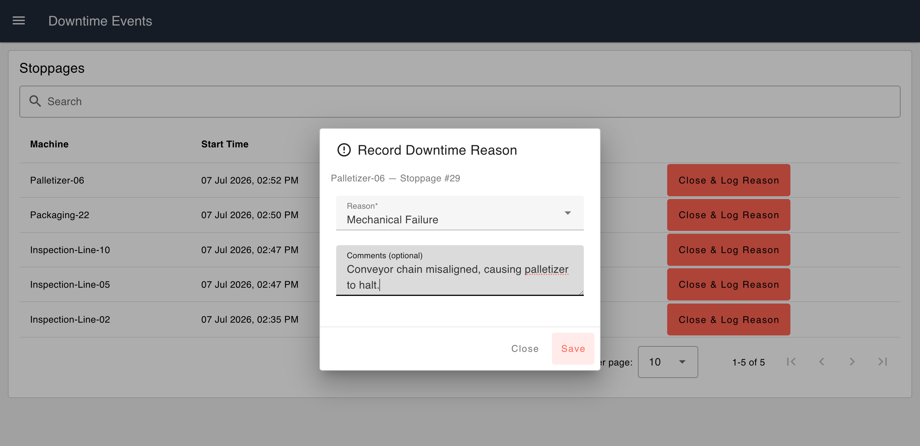 Screenshot: dashboard table with the reason form dialog open